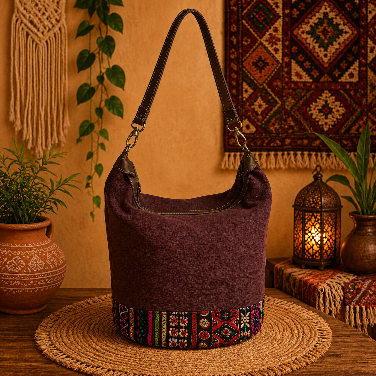 Large Linen Tote Bag with Printed Patchwork
