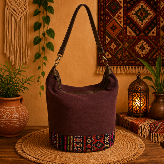 Large Linen Tote Bag with Printed Patchwork