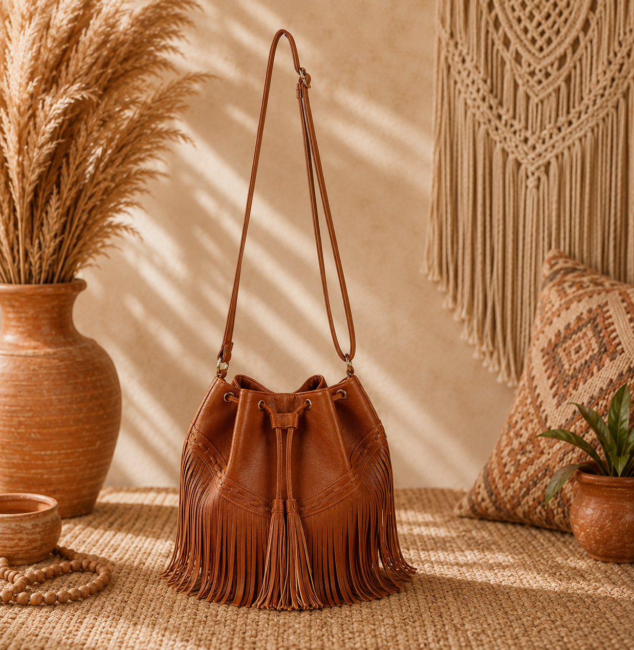 Boho Fringe Bucket Bag for Women