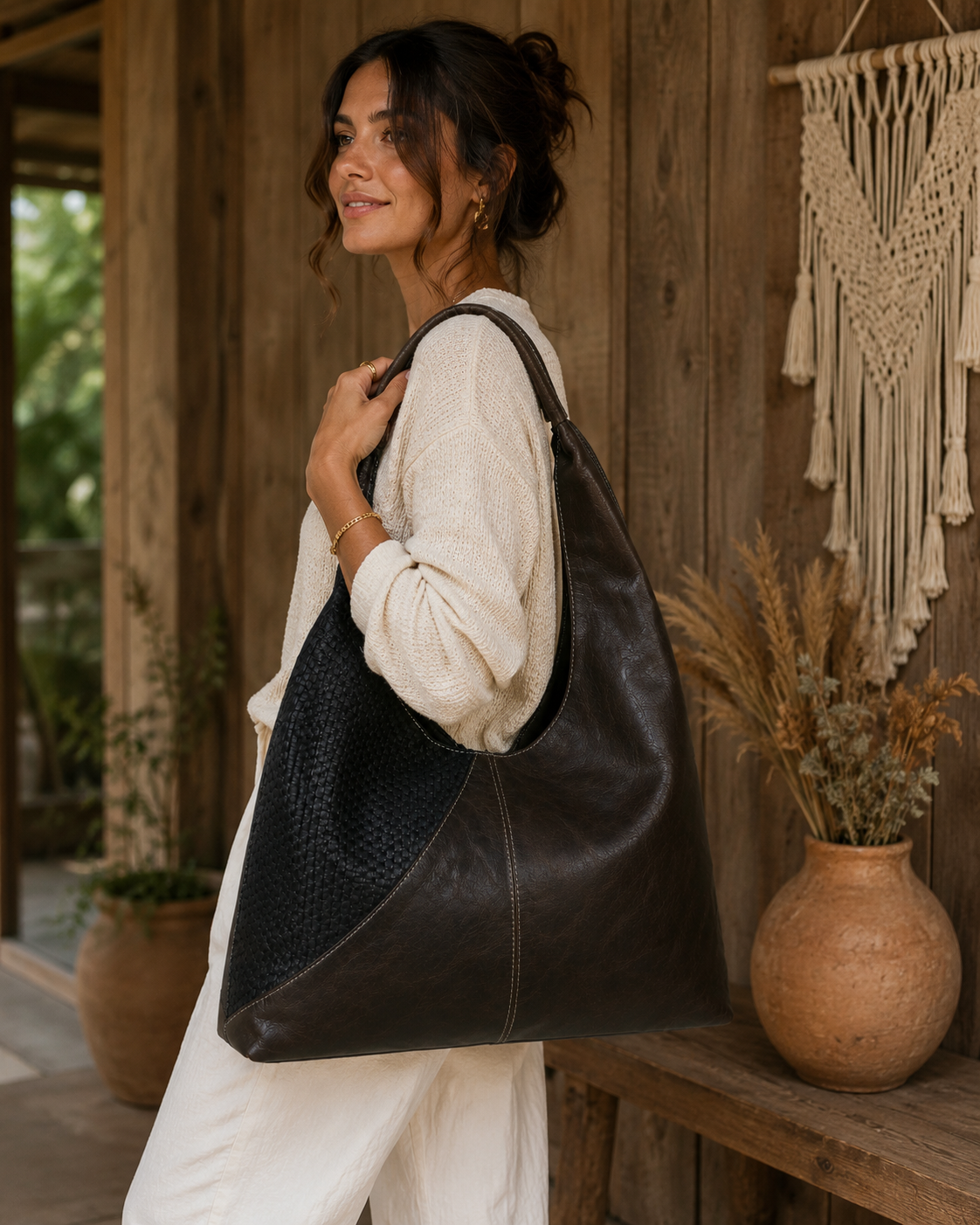 Hobo Leather Handbag with Basket Weave Patchwork