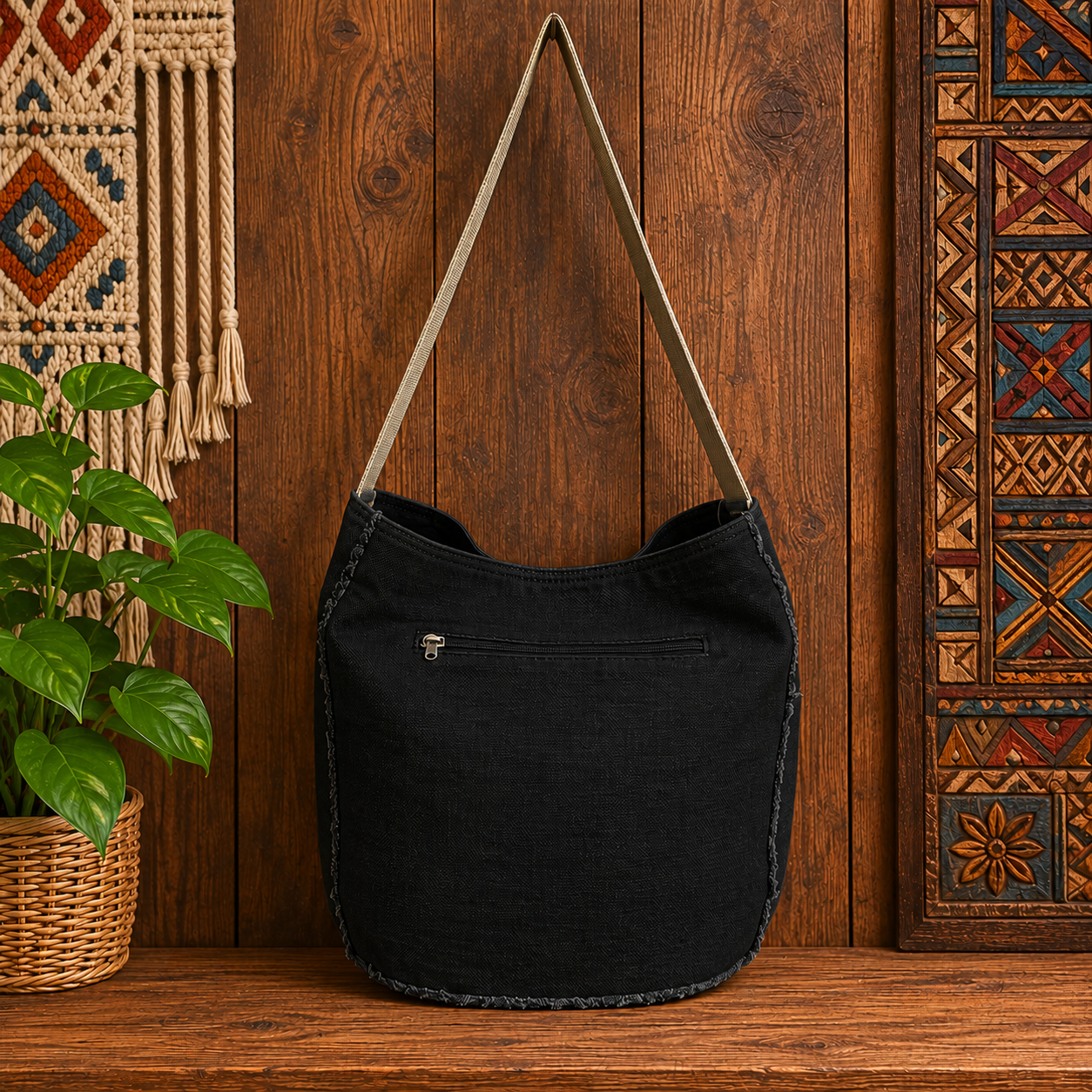 Large Linen Hobo Shoulder Bag