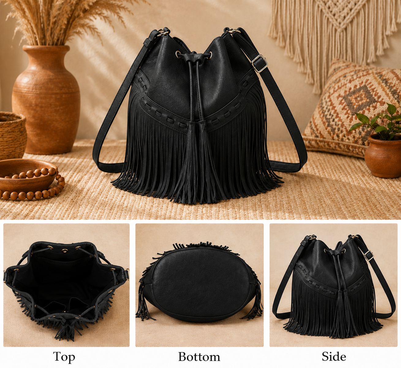 Boho Fringe Bucket Bag for Women