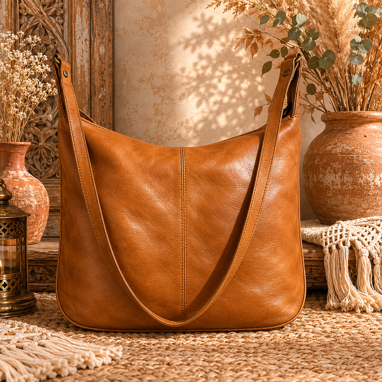 Classic Tan Leather Hobo Handbag
