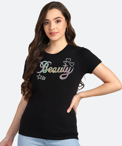 Women Sequins Motifs Embellished Cotton T-shirt black