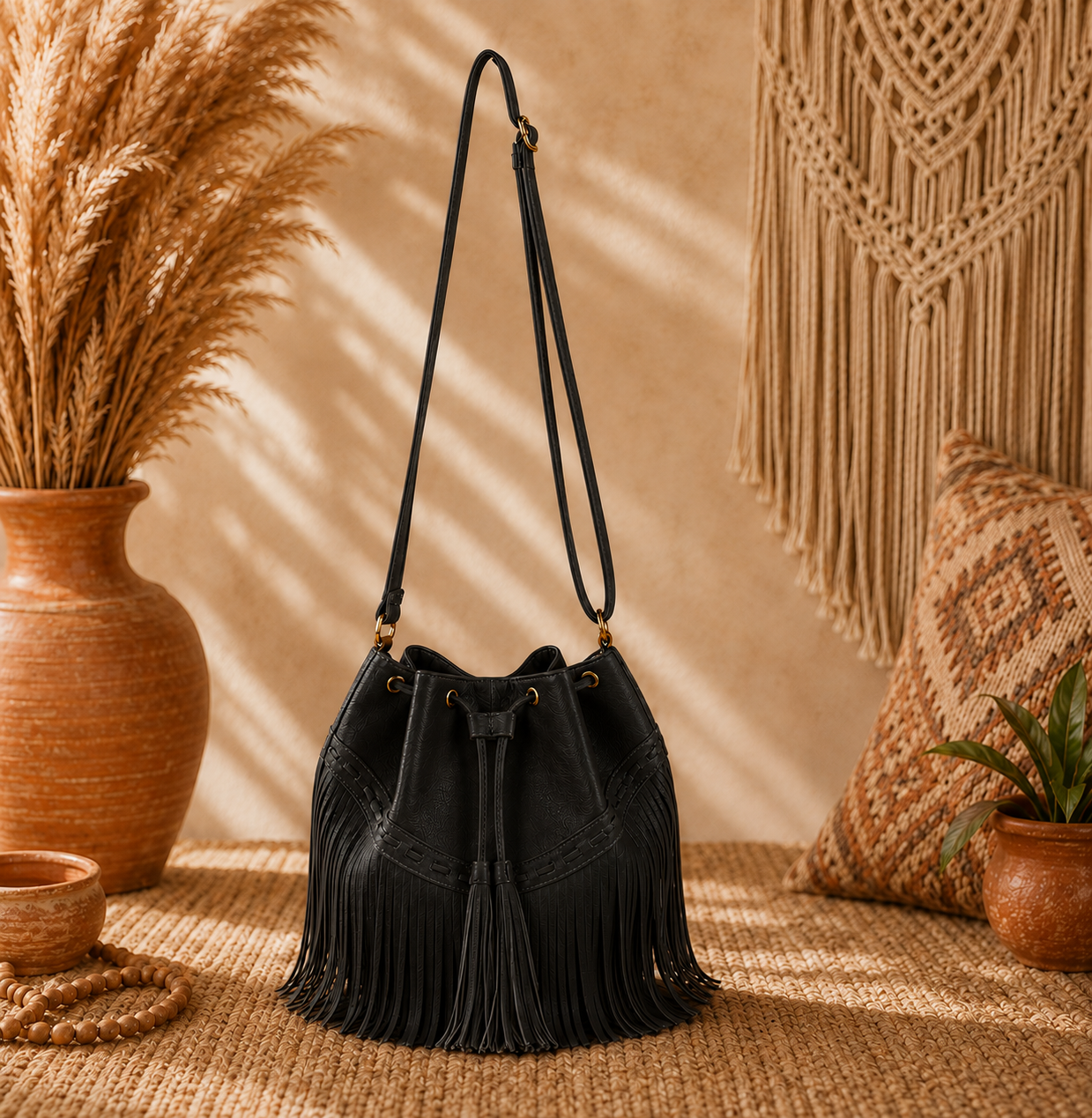 Boho Fringe Bucket Bag for Women