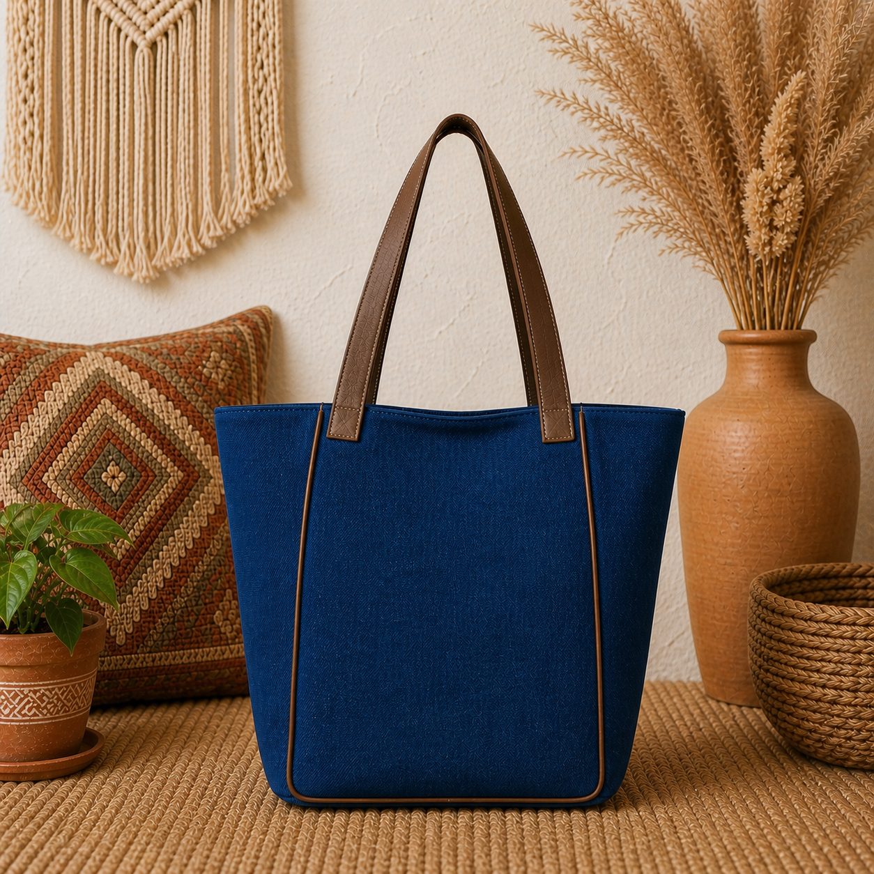 Large Linen Tote Bag with Leather Straps