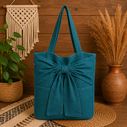 Large Linen Shoulder Tote Bag with Bow