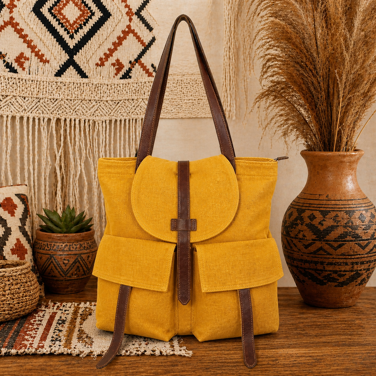 Large Linen Shoulder Tote Bag with Cargo Pocket