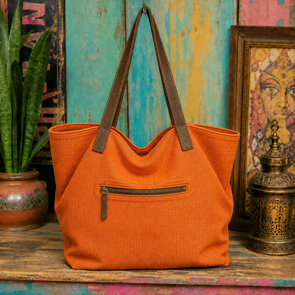Large Linen Shoulder Tote Bag with Leather Strap
