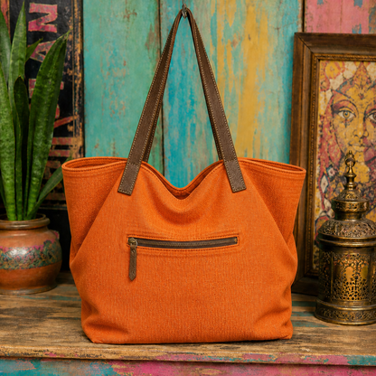 Large Linen Shoulder Tote Bag with Leather Strap