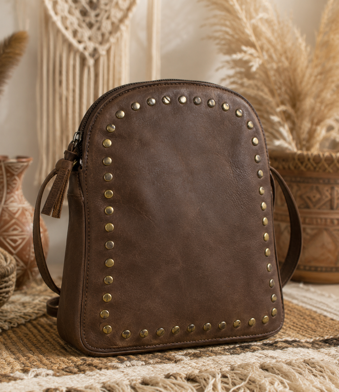 Boho Coffee Brown Leather Sling Bag