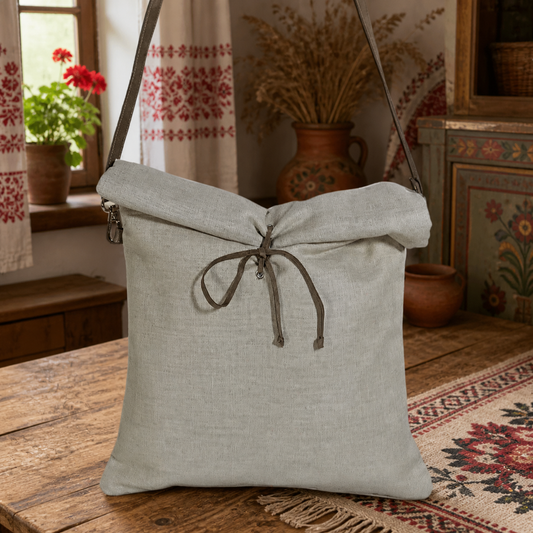Classic Linen Tote Bag with Leather Straps
