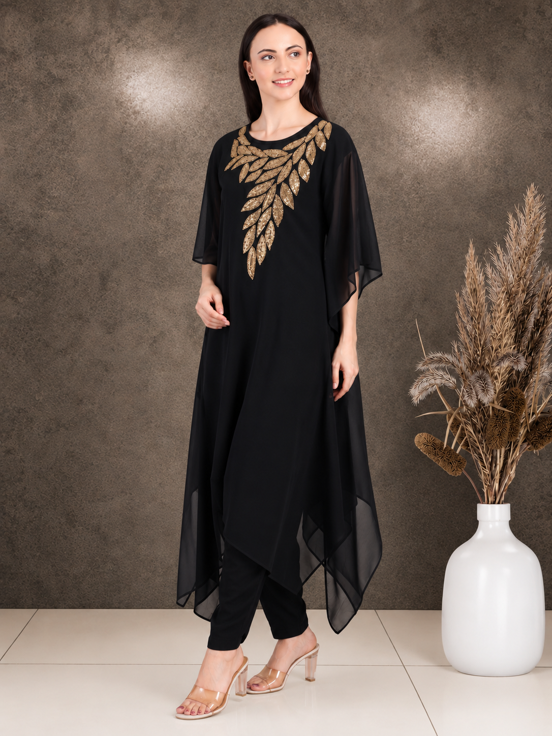 Women's Sequin Motif Embellished Georgette Kaftan Set