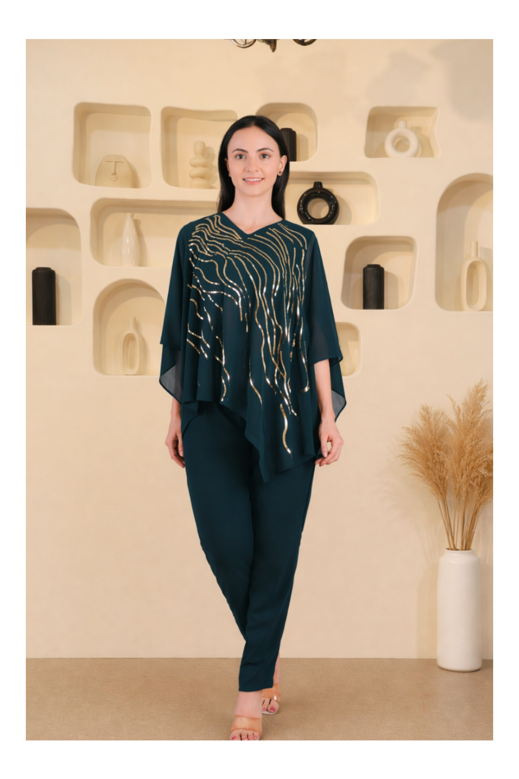 Designer Asymmetric Sequins Embellished Top with Matching Pants