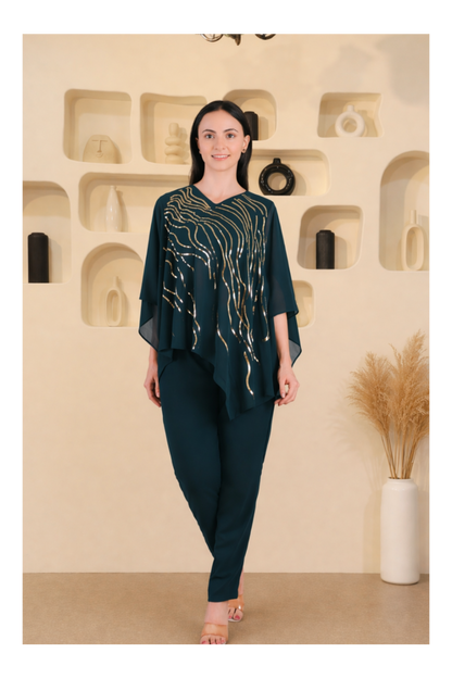 Designer Asymmetric Sequins Embellished Top with Matching Pants