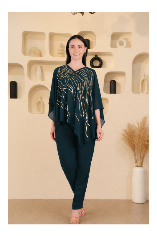 Designer Asymmetric Sequins Embellished Top with Matching Pants