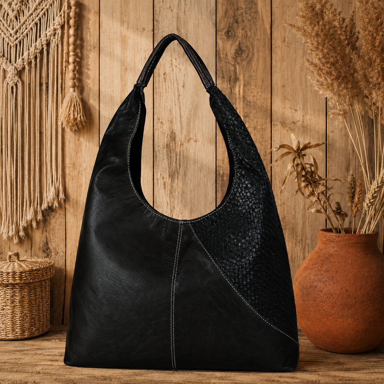 Hobo Leather Handbag with Basket Weave Patchwork