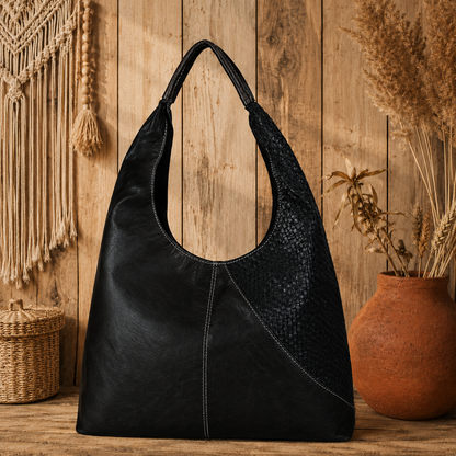 Hobo Leather Handbag with Basket Weave Patchwork