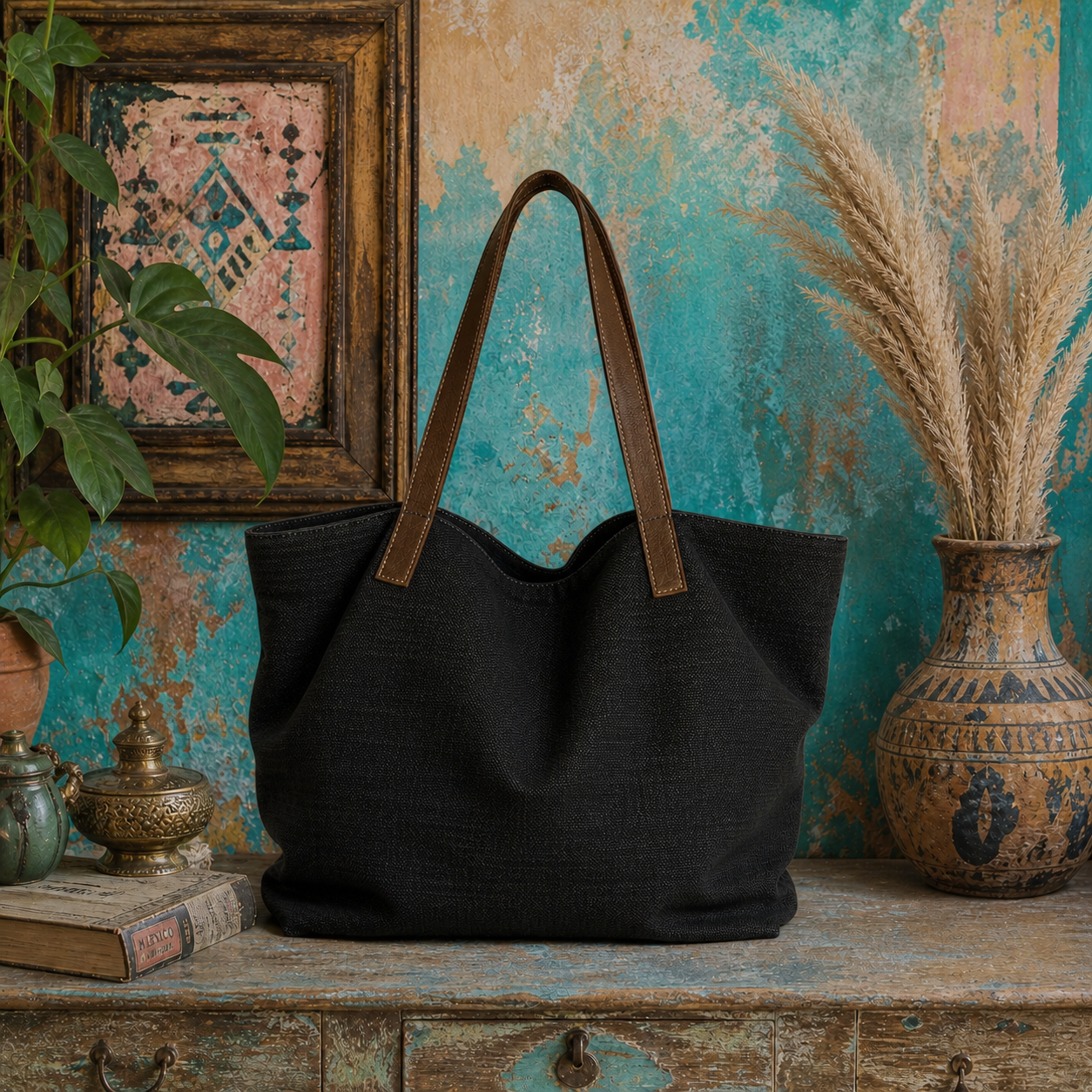 Large Linen Shoulder Tote Bag with Leather Strap