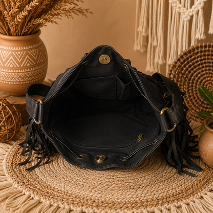 Midnight Boho Fringe Leather Bucket Bag