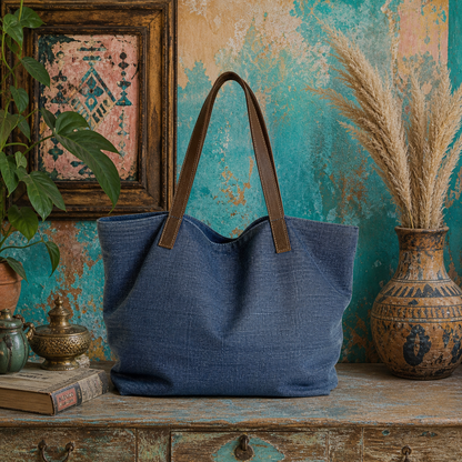 Large Linen Shoulder Tote Bag with Leather Strap