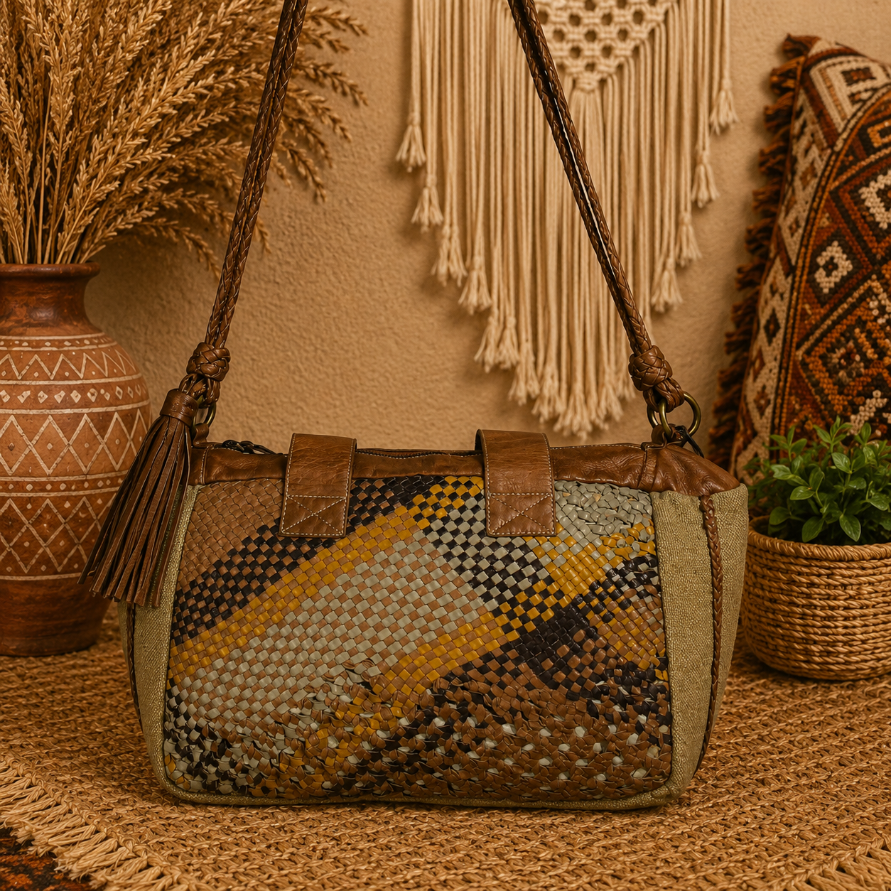 Boho Woven Leather Tote Bag – Handmade Multi-Color Patchwork Shoulder & Crossbody Bag
