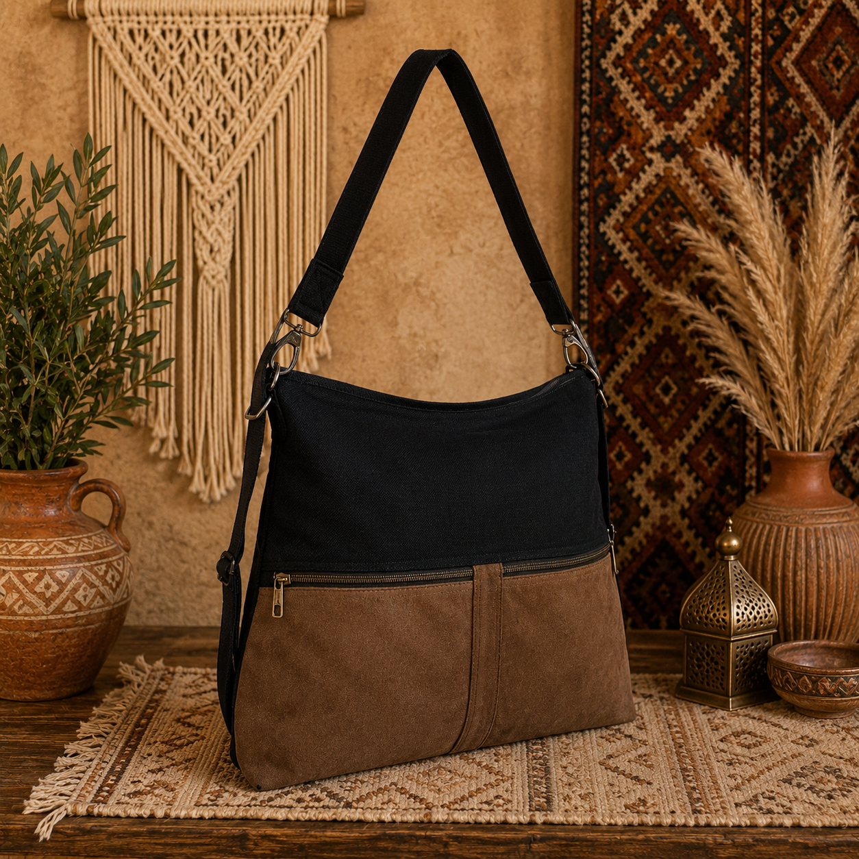 Large Linen & Suede Leather Tote Shoulder Bag