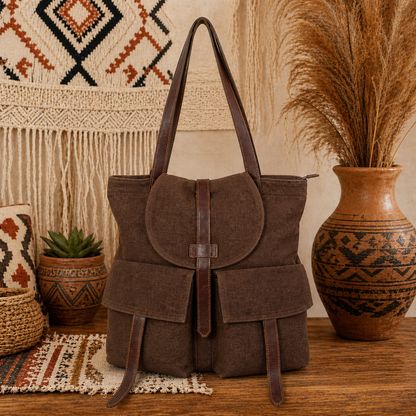Large Linen Shoulder Tote Bag with Cargo Pocket