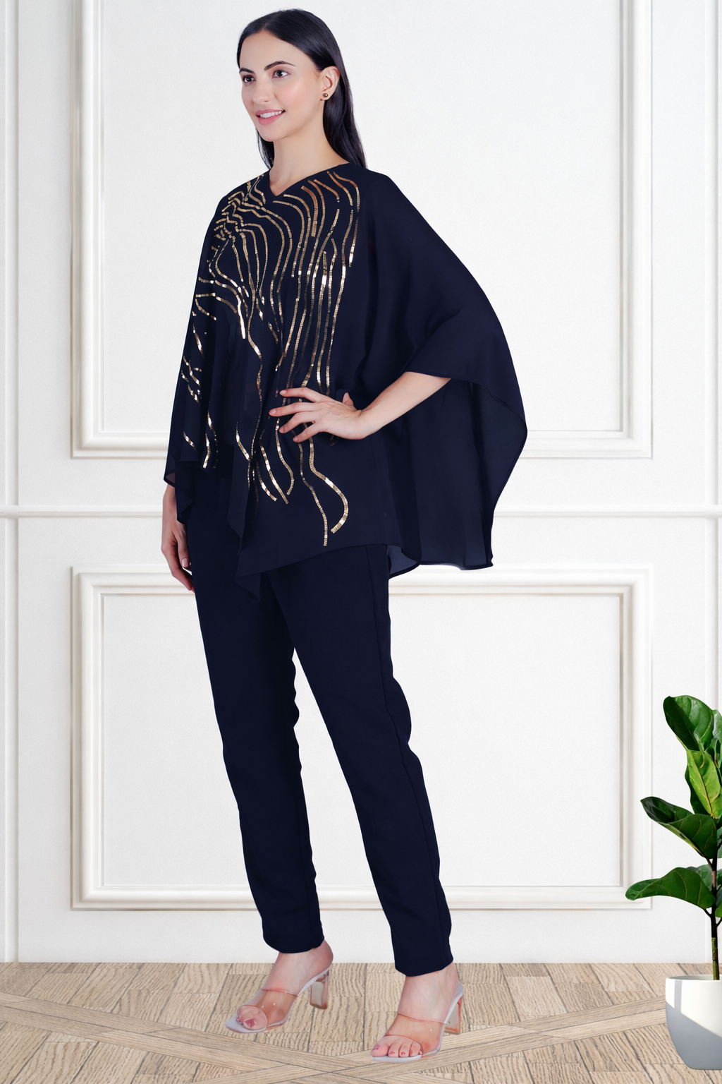 Designer Asymmetric Sequins Embellished Top with Matching Pants