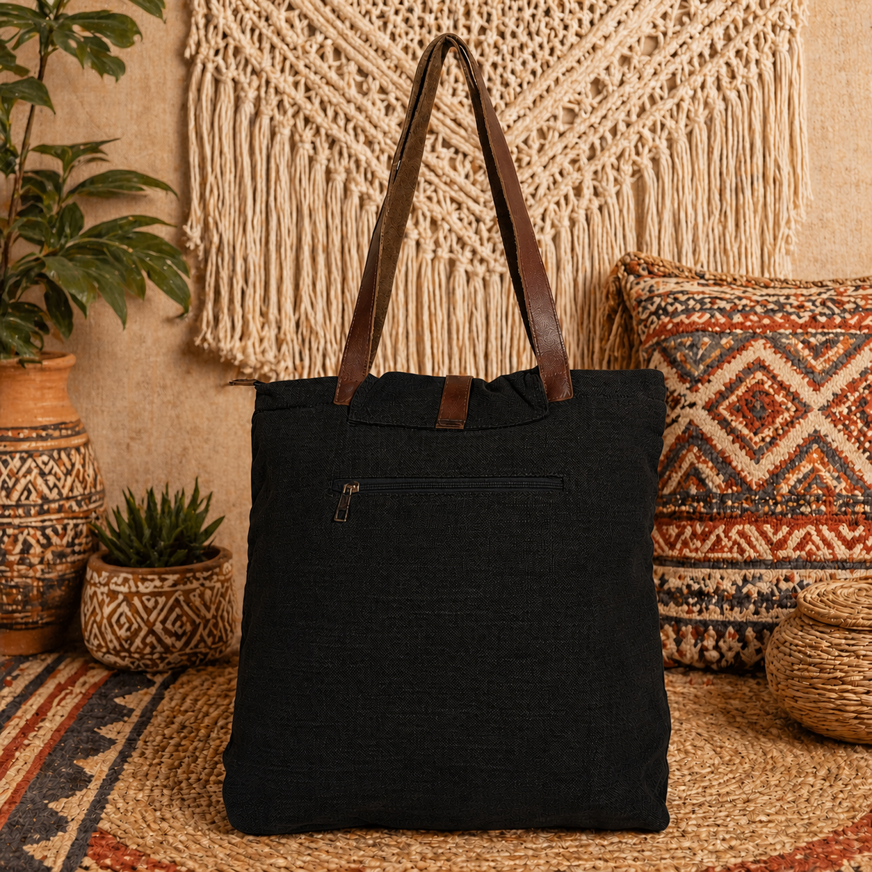 Large Linen Shoulder Tote Bag with Cargo Pocket