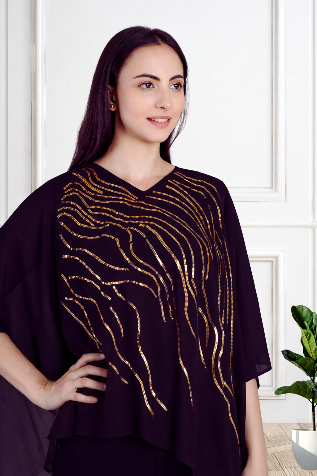 Designer Asymmetric Sequins Embellished Top with Matching Pants