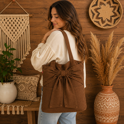 Large Linen Shoulder Tote Bag with Bow