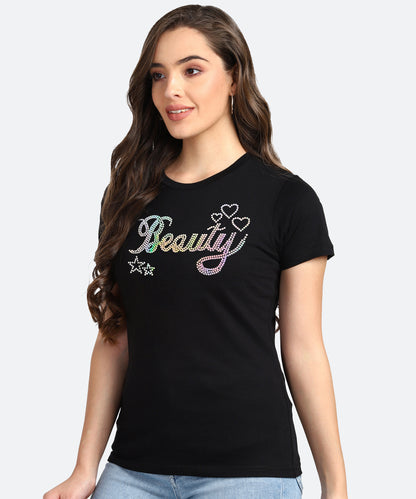 Women Sequins Motifs Embellished Cotton T-shirt black