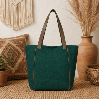 Large Linen Tote Bag with Leather Straps