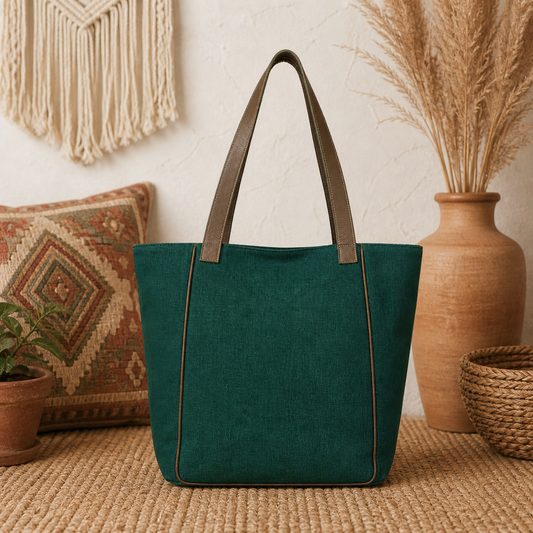 Large Linen Tote Bag with Leather Straps