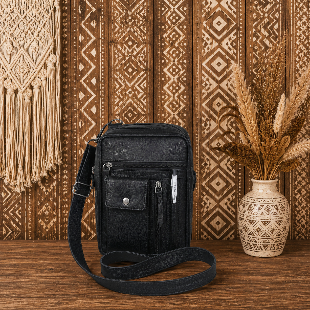 Black Crossbody Leather Bag with Adjustable Strap"
