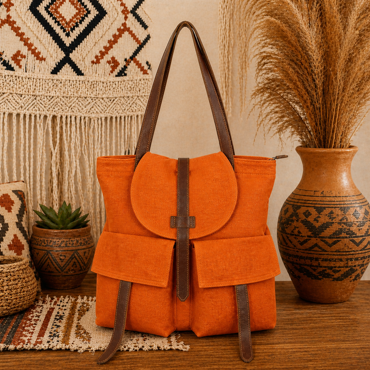 Large Linen Shoulder Tote Bag with Cargo Pocket