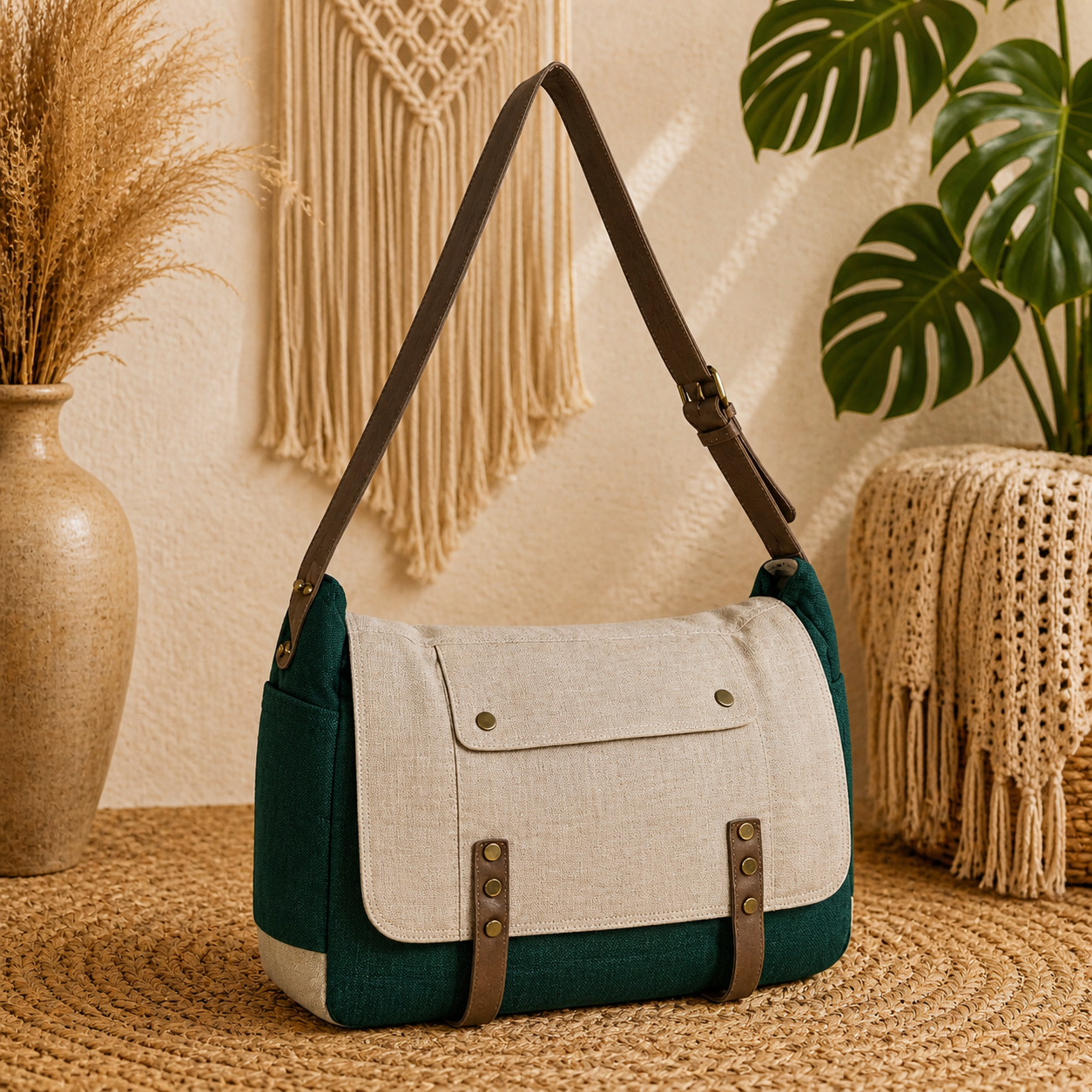 Linen Satchel Bag with Adjustable Strap