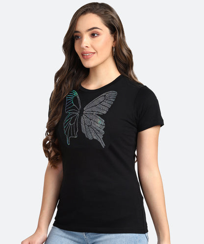 Women Sequins Motifs Embellished Cotton T-shirt