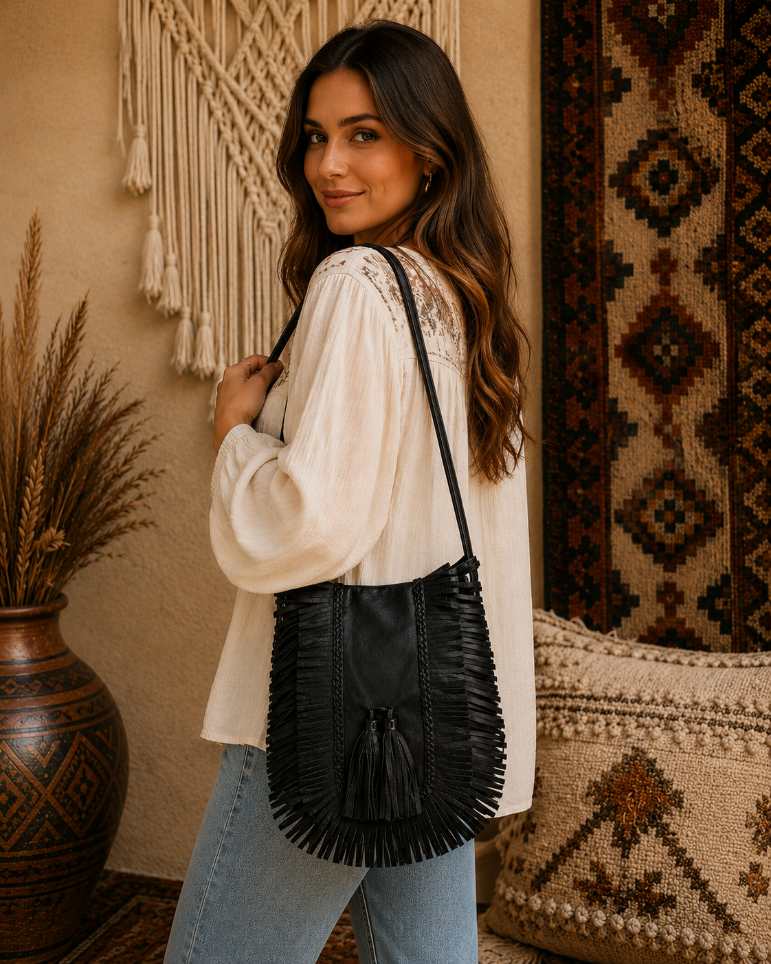 Leather Fringe Handbag with Tassel