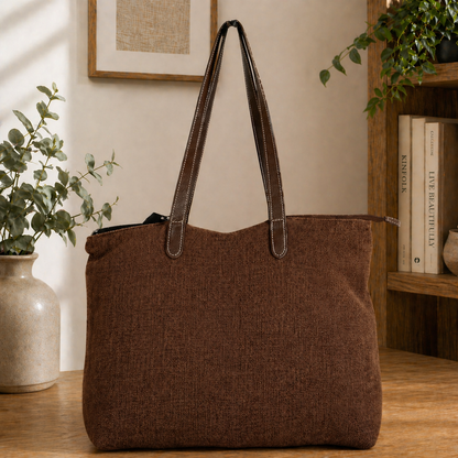 Timeless Linen Handbag with Genuine Leather Handles