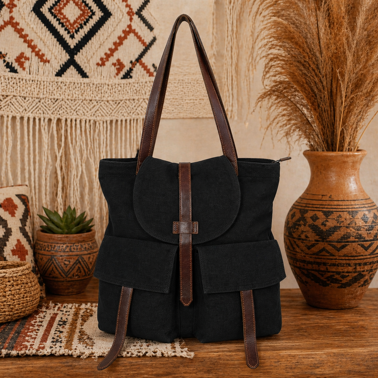 Large Linen Shoulder Tote Bag with Cargo Pocket
