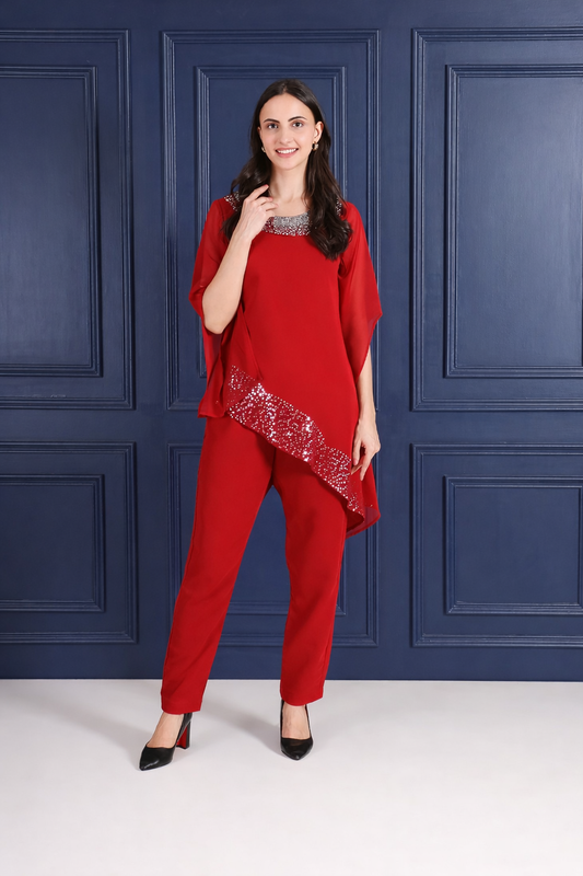 Elegant Sequins Motif Frilled Top and Co-Ord Pants for Women