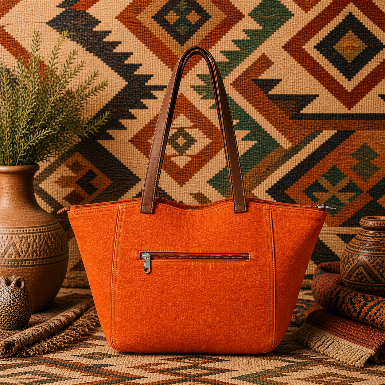 Large Linen Tote Bag with Leather Strap