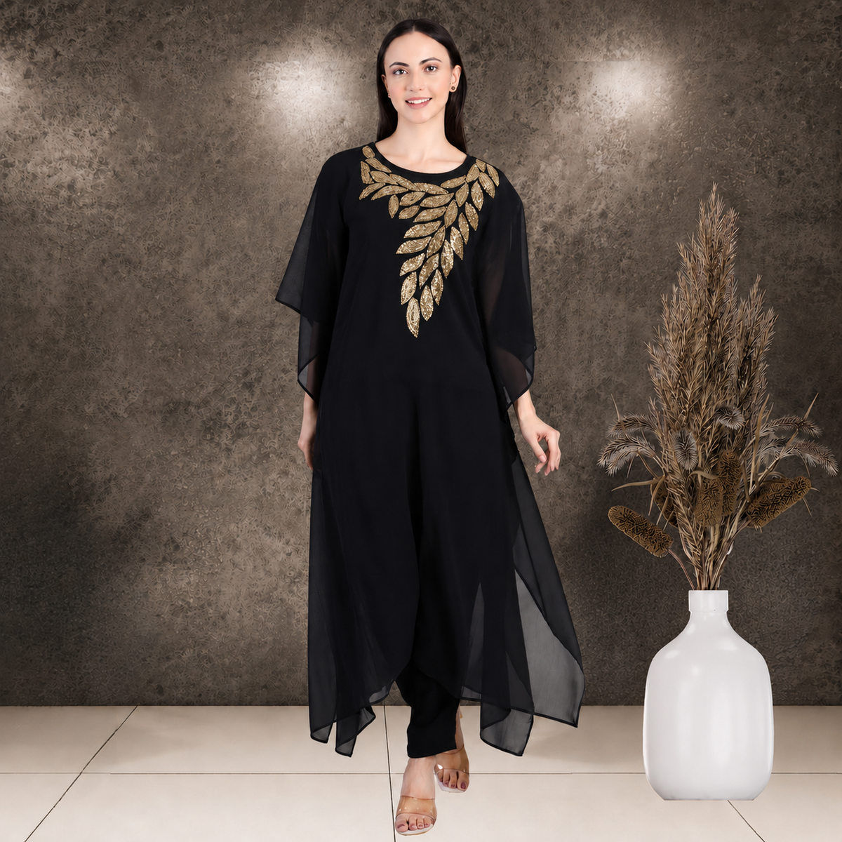 Women's Sequin Motif Embellished Georgette Kaftan Set