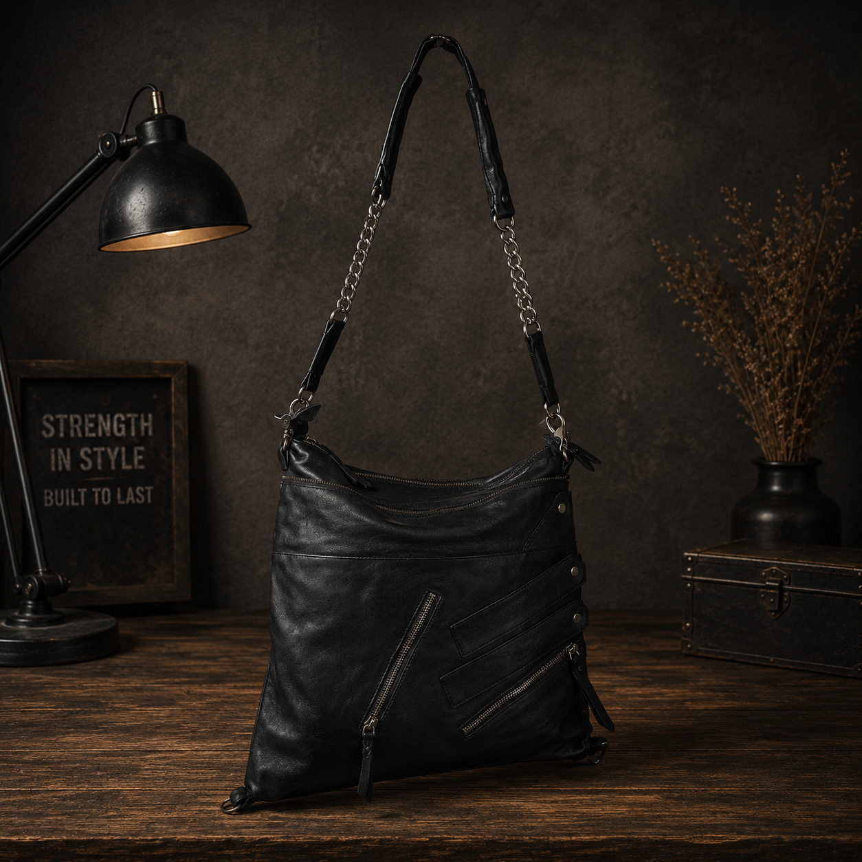Black Leather Zipper Tote Bag