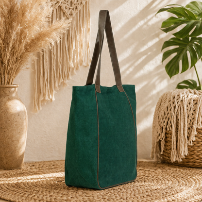 Large Linen Tote Bag with Leather Straps