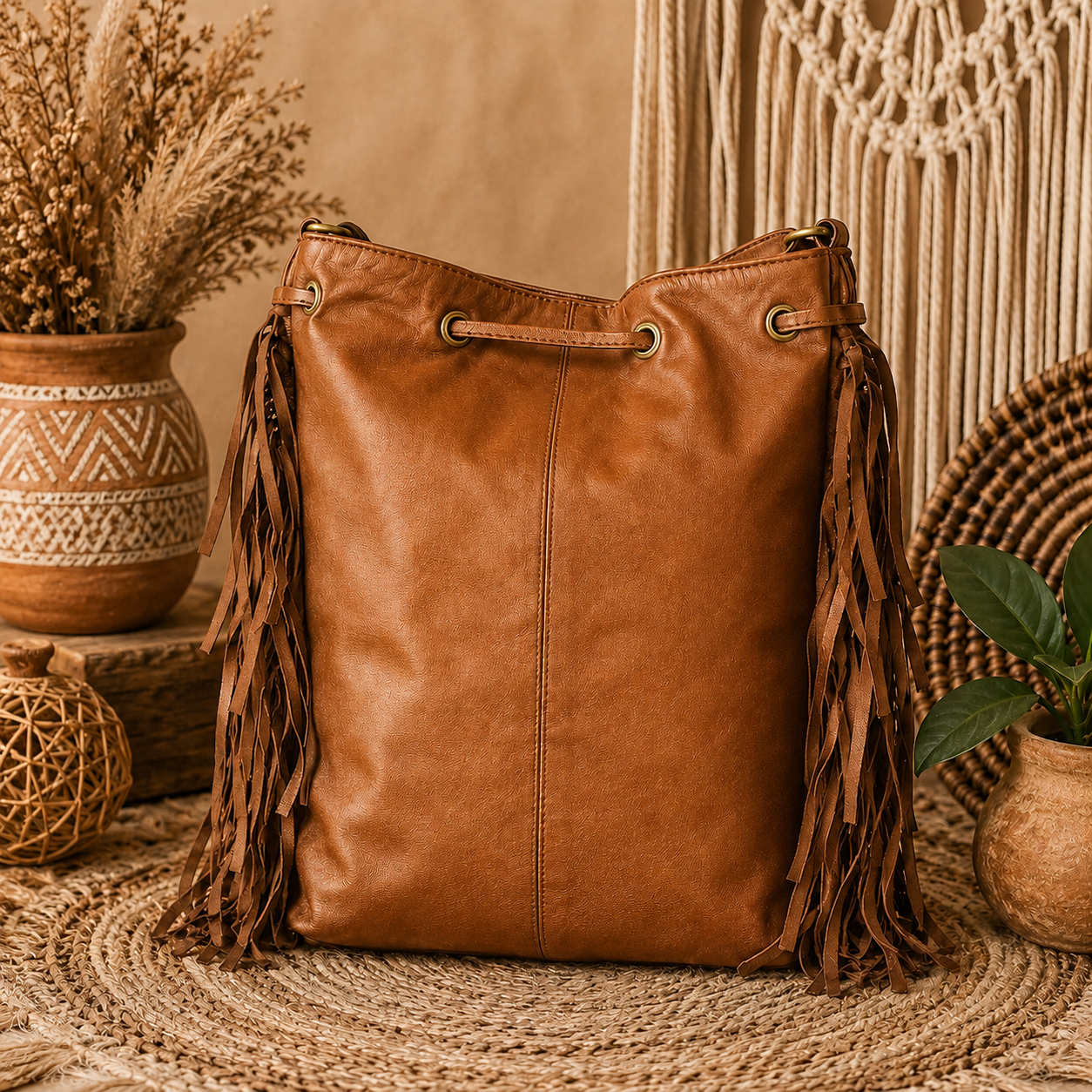 Midnight Boho Fringe Leather Bucket Bag