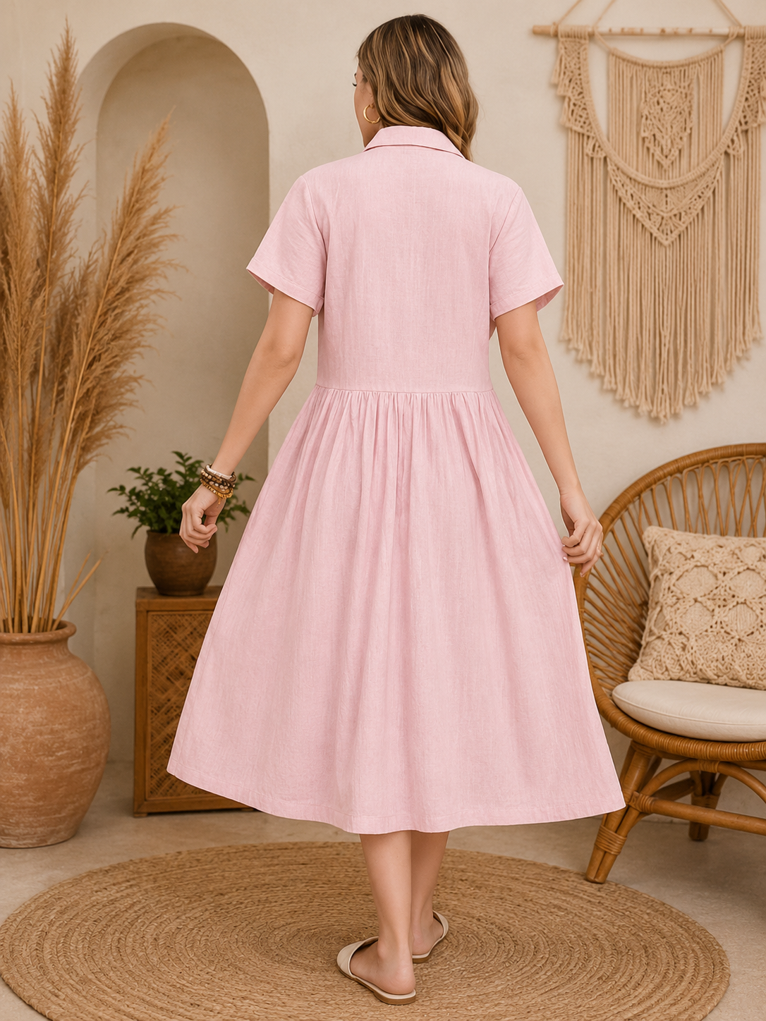 Blush Linen Button-Front Midi Dress – Relaxed Boho Summer Dress