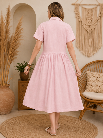 Blush Linen Button-Front Midi Dress – Relaxed Boho Summer Dress